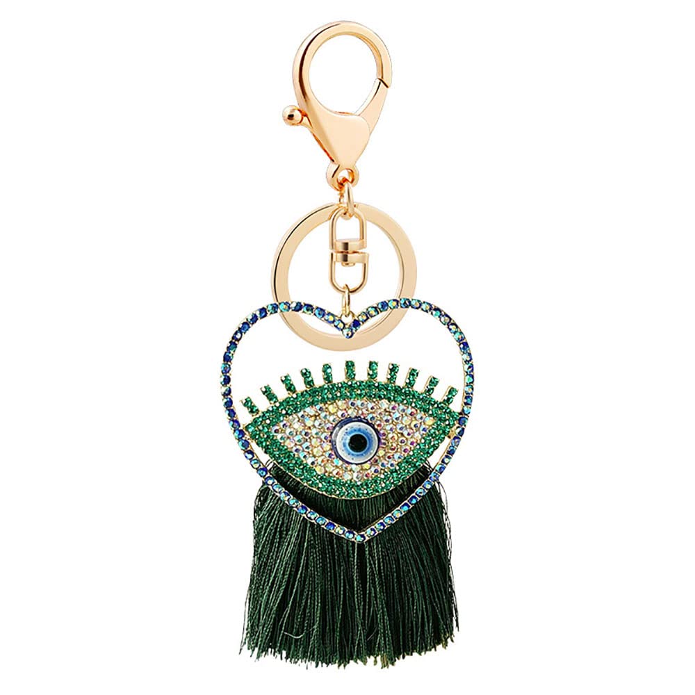 YONGYAN Crystal Heart Evil Eye Keychain Charm Pendant Fashion Tassel Cute Car Keyring Handbag Accessories for Women (Green), Green, Small - Image 2