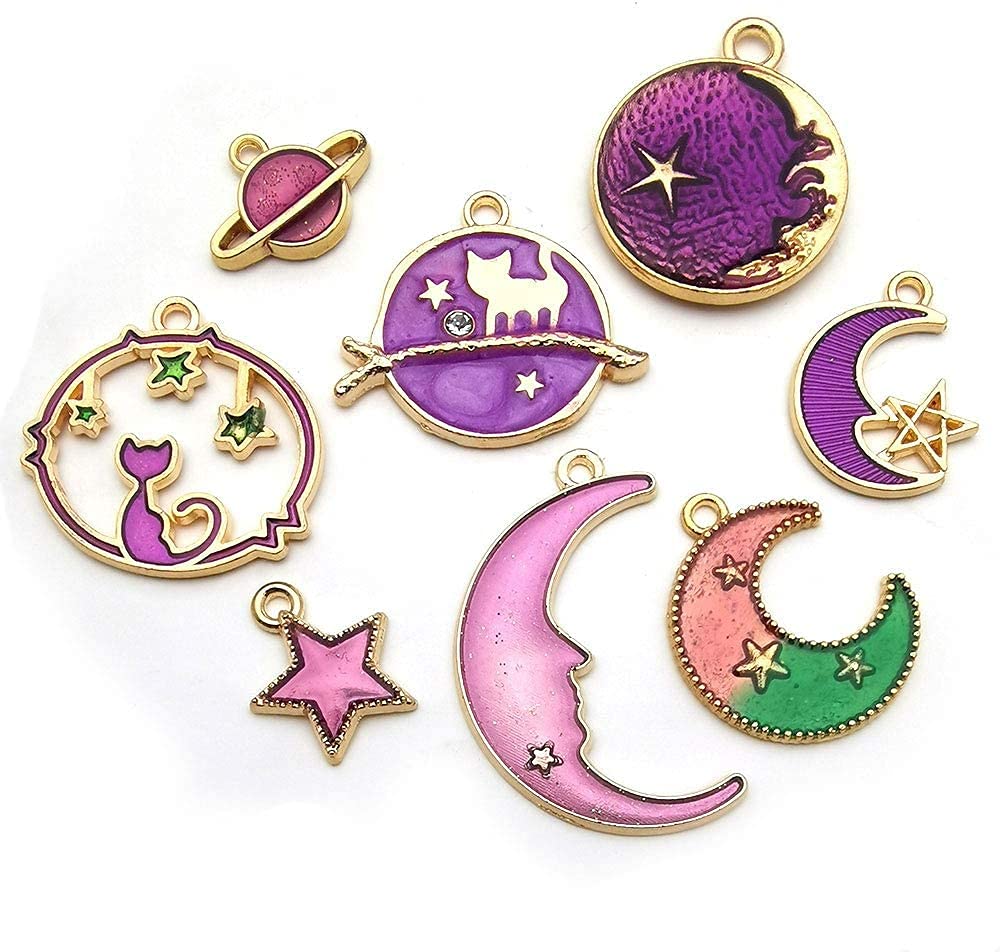 Street27® 1 Set 31pcs DIY Mixed Assorted Gold Plated Enamel Charm Unicorn Flower Dress Fish Shell Moon Star Animals Pendant DIY for Necklace Bracelet Jewelry Making and Crafting Charms - Image 2