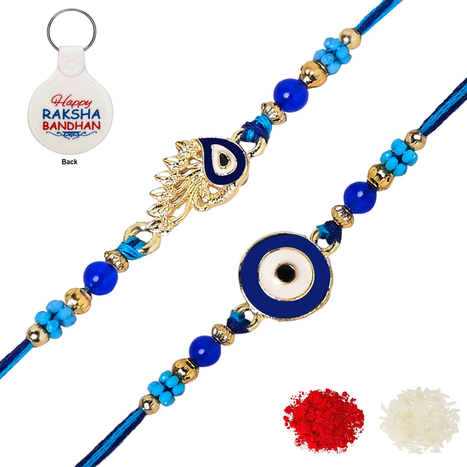 Riddhika Ventures Evil Eye Rakhi Protect From Negative Energy and ill intentions (Set of 2) with Roli Chawal, Greeting Card and and One Motivational Keychain (K18K19K) - Image 2