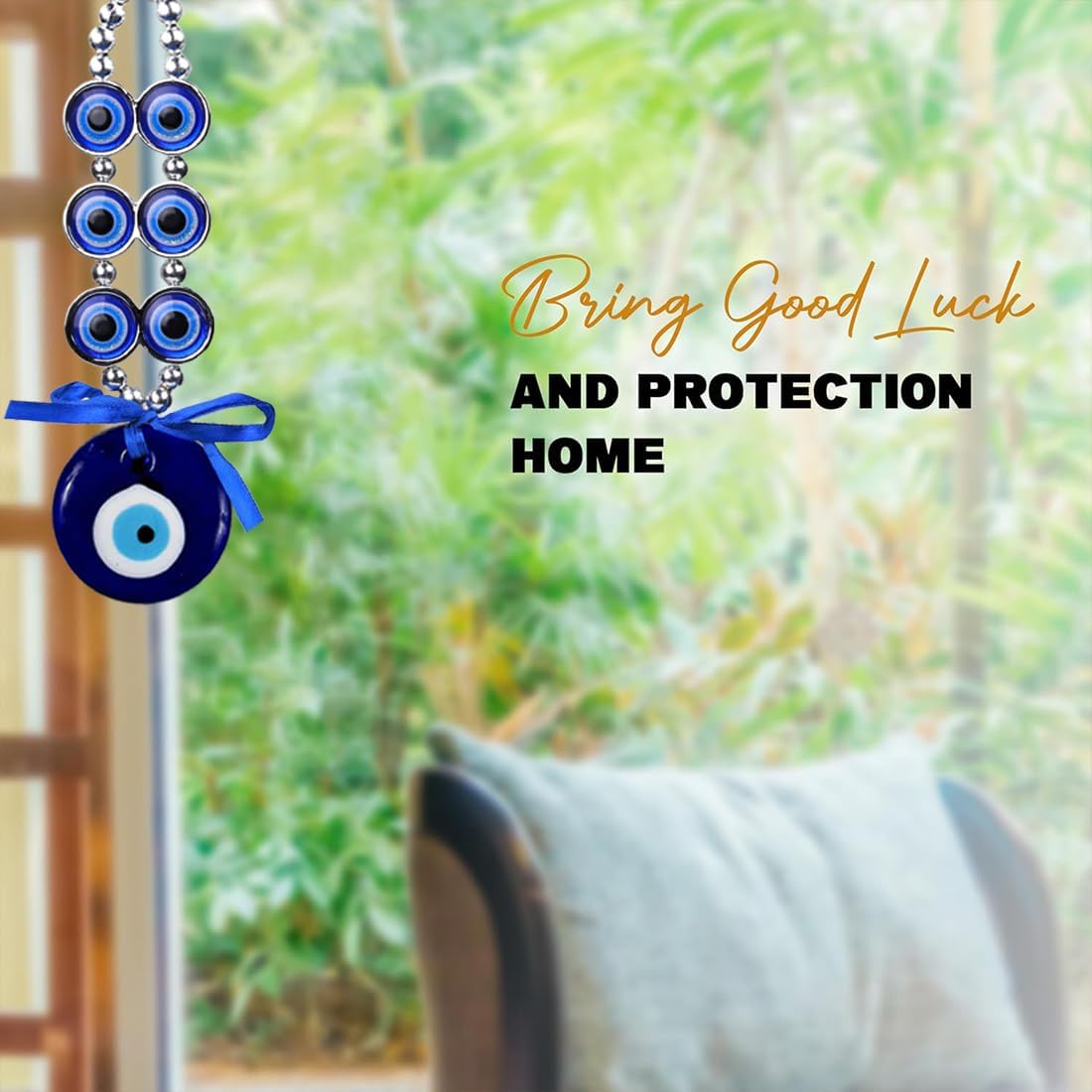 Turkish Evil Eye Wall Hanging, Blue Glass Beaded Amulet with Silver Chain and Bow, Home Protection Decor - Image 5