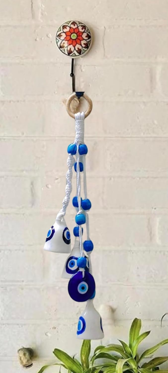 Shopping Shots Macrame Symphony Chimes | 3 Evil Eye (mini) Bells (Height 3 inches) & 1 Glass Made Evil Eye Pendant Hand Knitted with Macrame Threads and Colorful Beads. Ceramic Hook Included - Image 7
