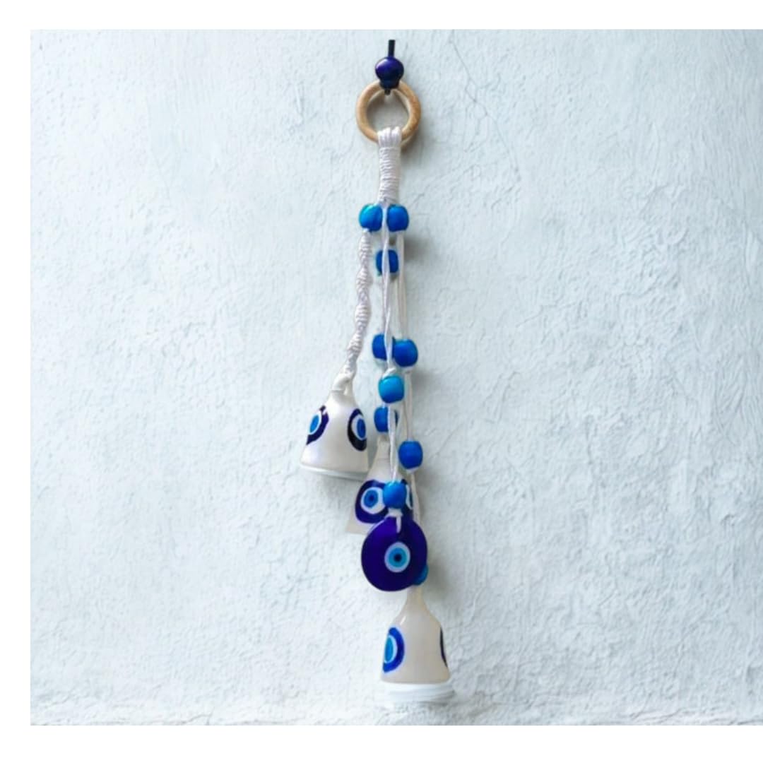 Shopping Shots Macrame Symphony Chimes | 3 Evil Eye (mini) Bells (Height 3 inches) & 1 Glass Made Evil Eye Pendant Hand Knitted with Macrame Threads and Colorful Beads. Ceramic Hook Included - Image 6