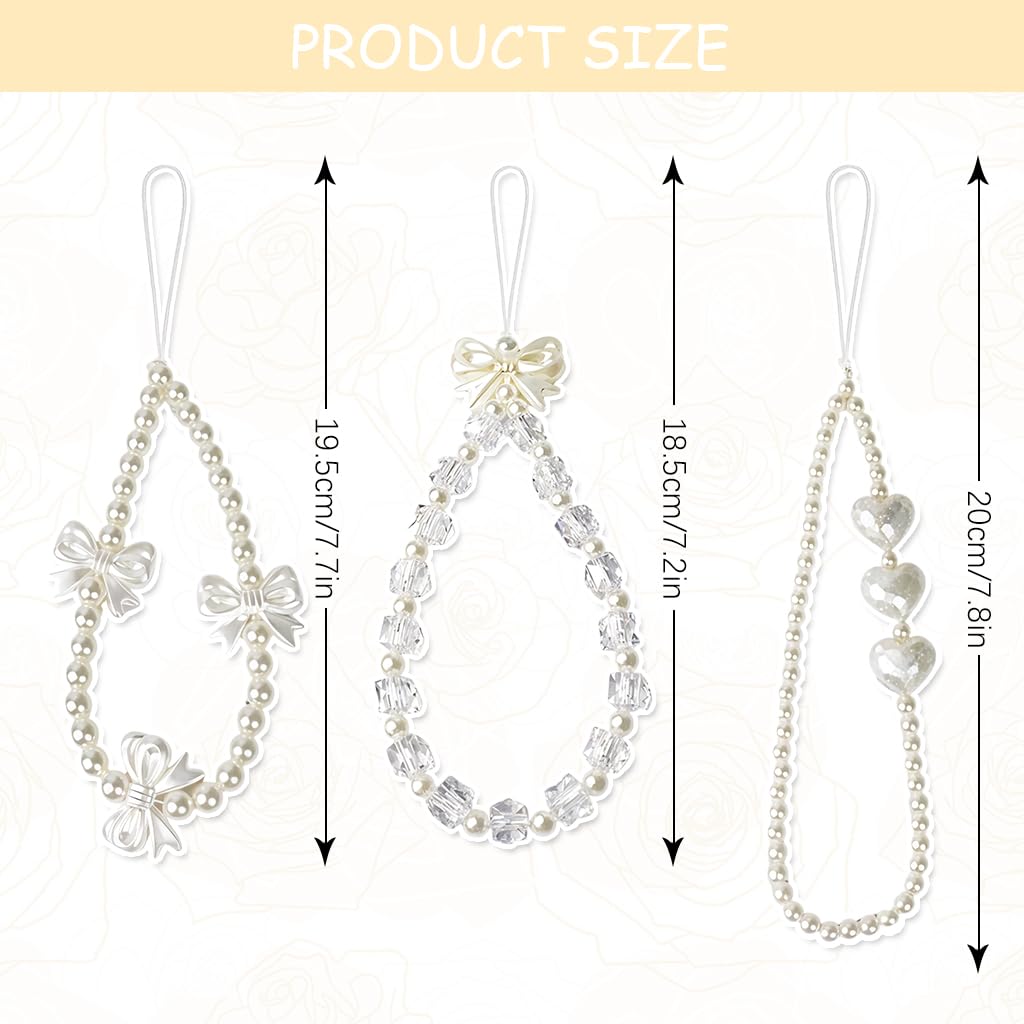 ZORBES® 3Pcs Fashion Phone Chains for Girls Women White Sweetly Stylish Bow Charm Beaded Phone Charm Phone Lanyard for Phone Case Decorative Pearl Phone Chains - Image 3