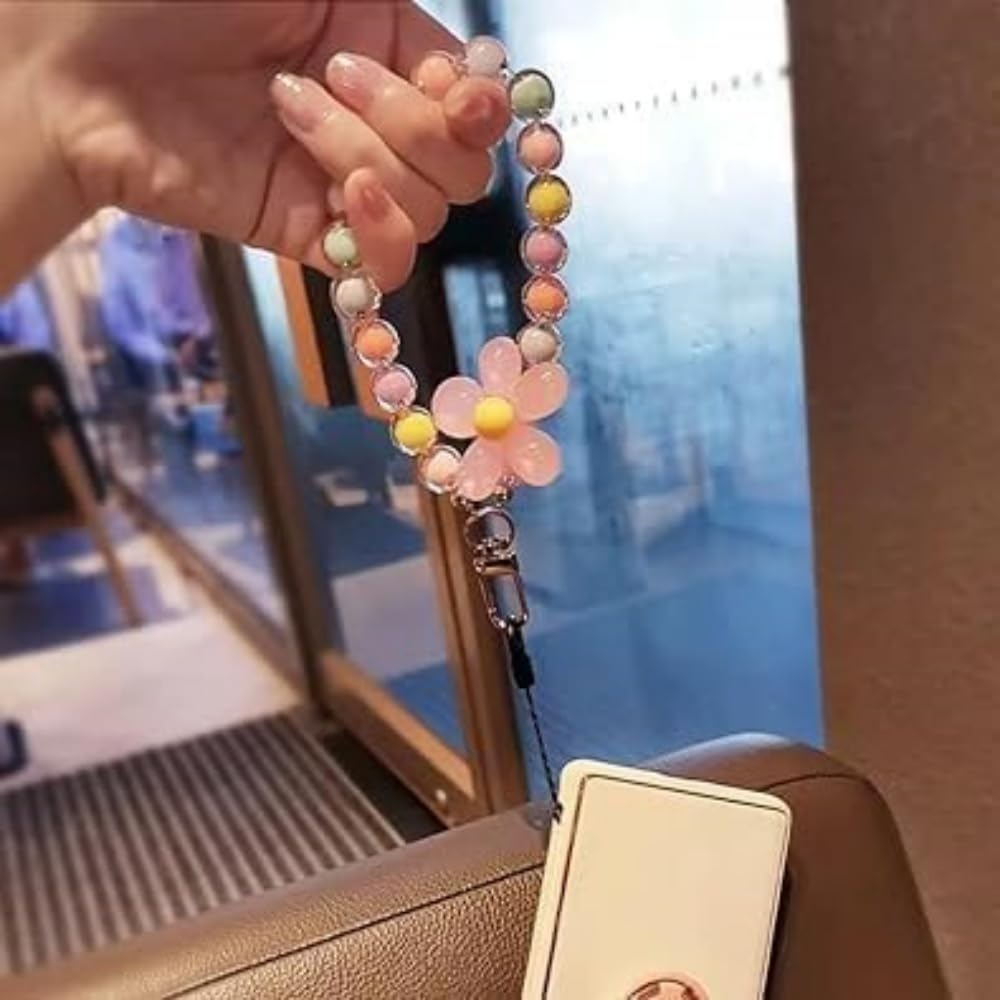TypoGrove Colorful mobile phone strap beaded flower bracelet creative hanging rope keychain mobile phone lanyard beaded flower anti-lost phone case lanyard girl woman wrist strap phone jewelry, - Image 3
