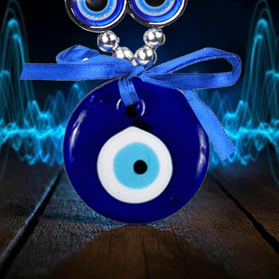 Turkish Evil Eye Wall Hanging, Blue Glass Beaded Amulet with Silver Chain and Bow, Home Protection Decor - Image 3
