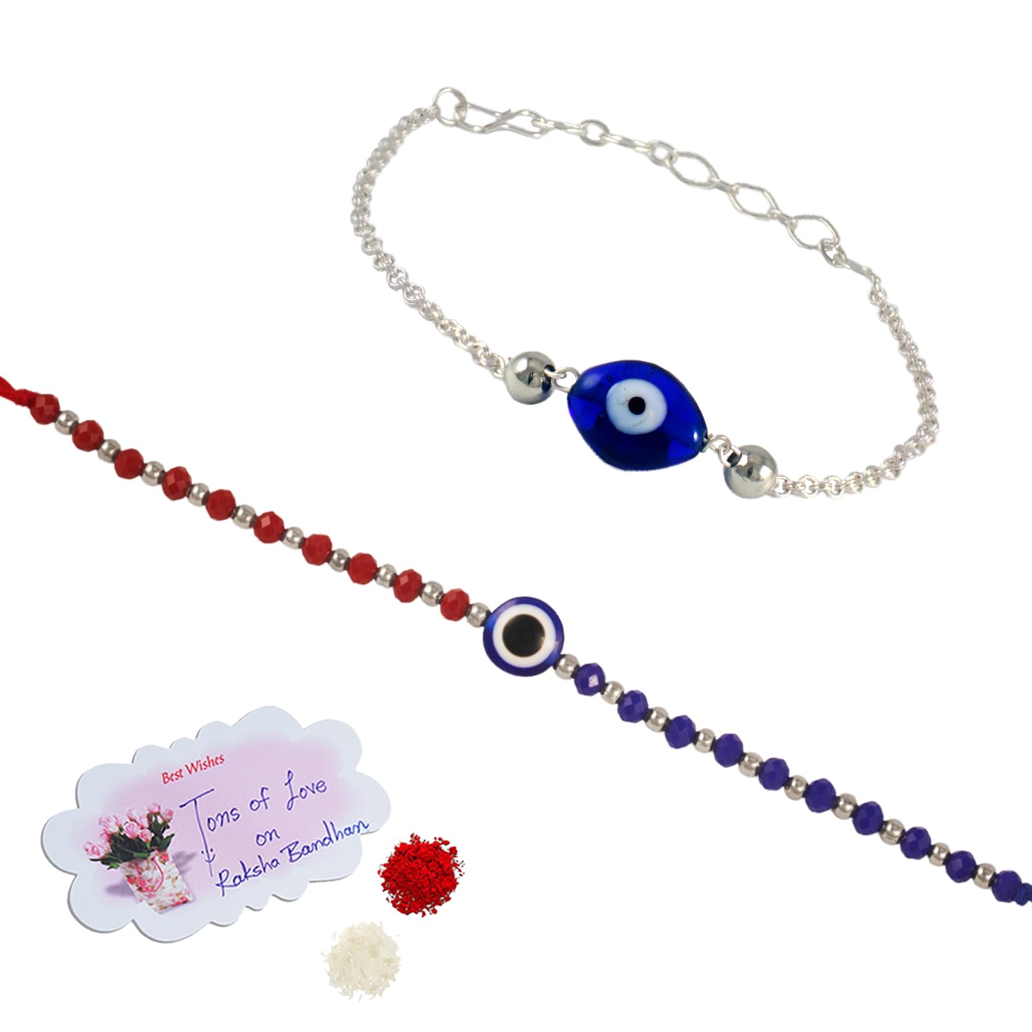JFL - Jewellery for Less Combo of Handcrafted Evil Eye Unisex Rakhi with Silver and Blue Beaded Design for Bhaiya Bhabhi with Roli Chawal and Written Greeting Note. - Image 2