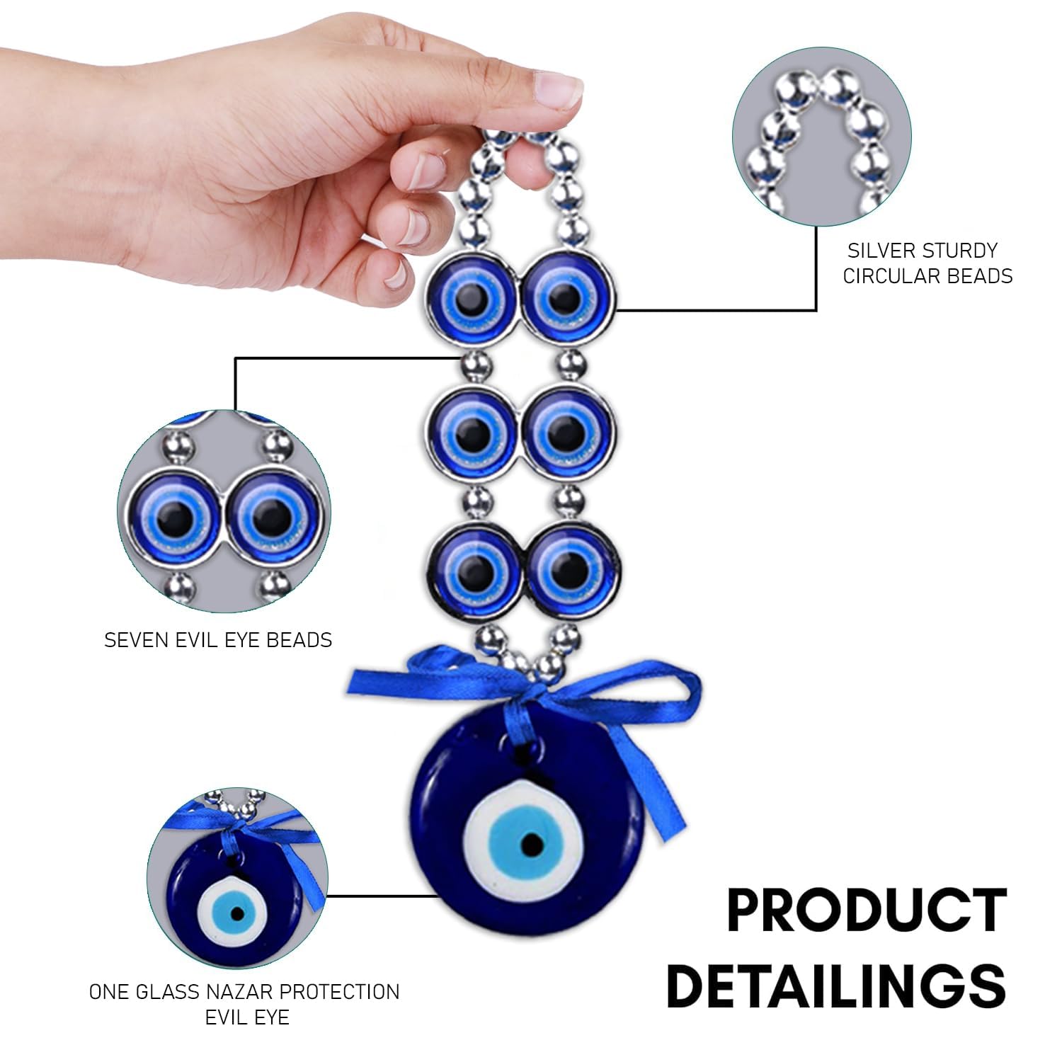Turkish Evil Eye Wall Hanging, Blue Glass Beaded Amulet with Silver Chain and Bow, Home Protection Decor - Image 7