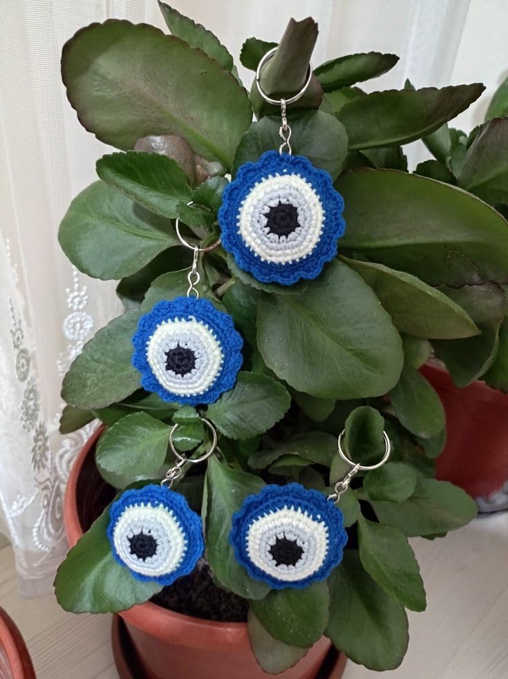 Handmade Evil Eye Crochet Keychain pack of 1, Blue and White, Traditional Design, - Image 2