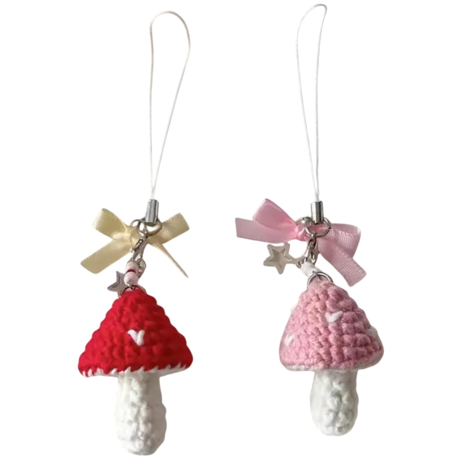 SNOWYS SHOP 2-Piece Cute Pink & Red Crochet Mushroom Phone Charm for Girls – Hanging Bag & Mobile Chain Accessory for Women & Teens - Image 2