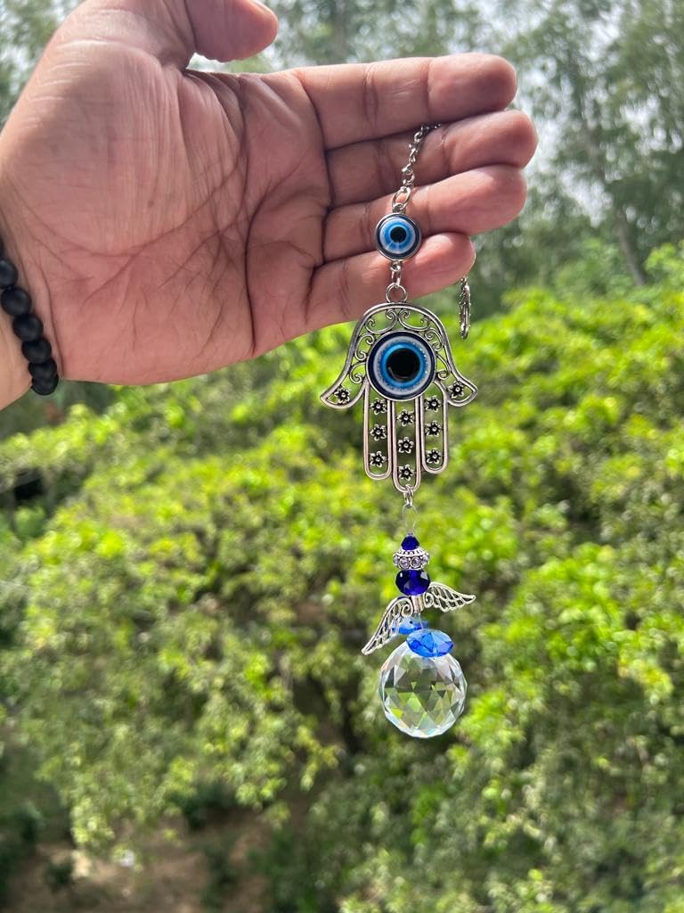 BLUE BEADS 3 PCS Home Decor Evil Eye Hamsa Hanging Wall Hanging Car Hanging Suncatcher with Crystals Balls Prism Rainbow Maker for Home, Office, Garden Decoration, Window Decorations - Image 5
