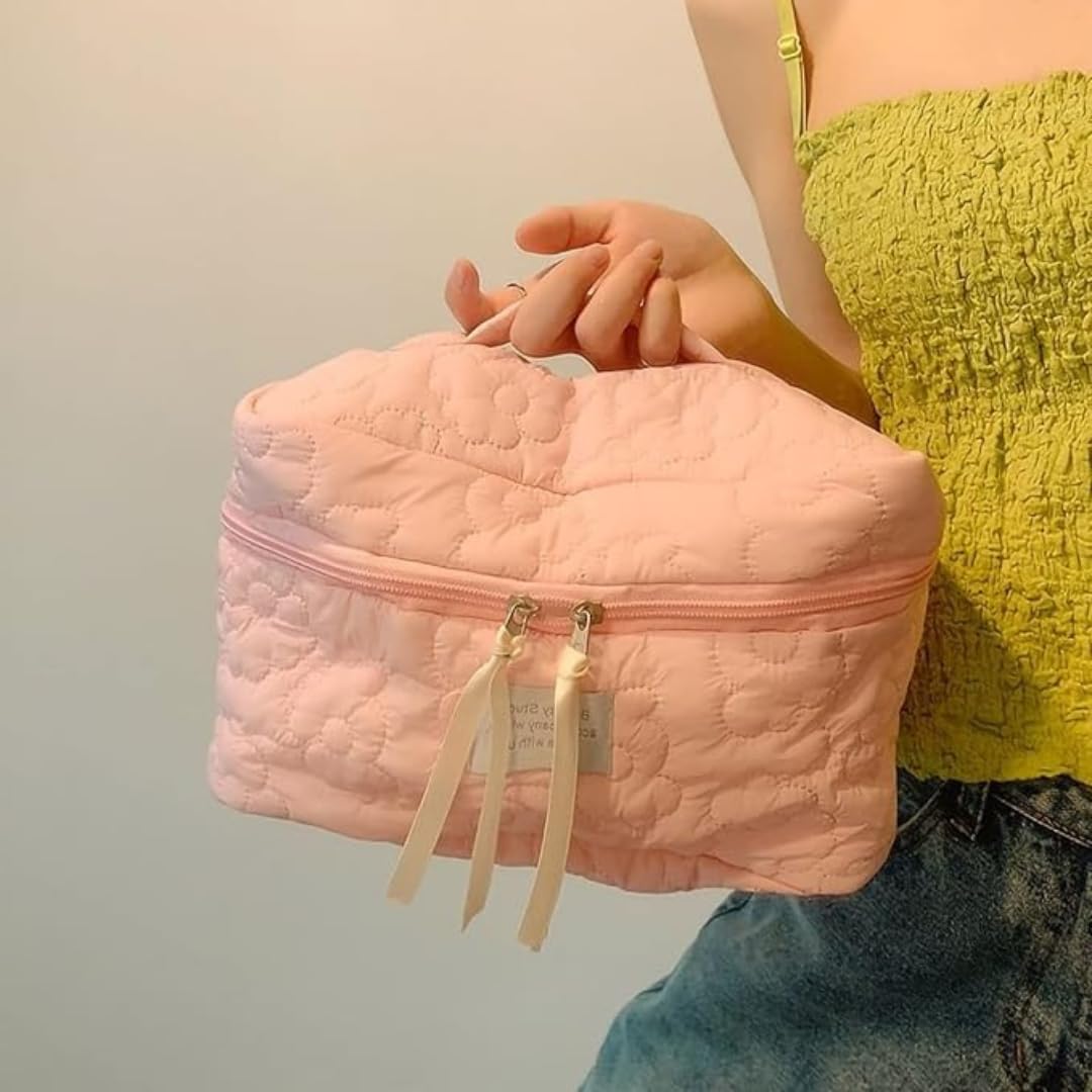 Sprqcart Quilted Cotton Makeup Bag for Women – Large Capacity Travel Cosmetic Organizer with Zipper – Cute Floral Toiletry Pouch – Handheld Portable Multifunctional Storage Purse - Image 10