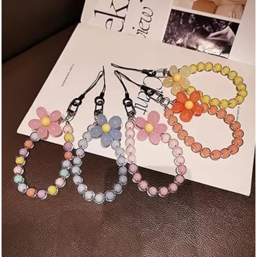 TypoGrove Colorful mobile phone strap beaded flower bracelet creative hanging rope keychain mobile phone lanyard beaded flower anti-lost phone case lanyard girl woman wrist strap phone jewelry, - Image 5
