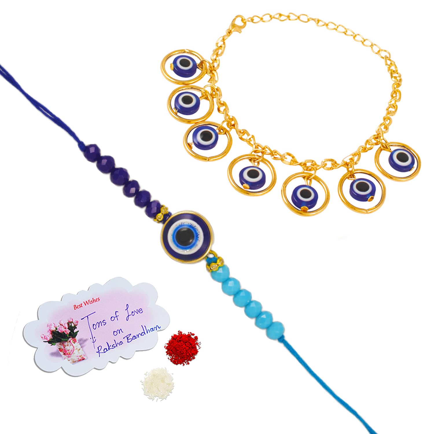 JFL - Jewellery for Less Combo of Fancy Evil Eye Handcrafted Protection Rakhi for Bhaiya Bhabhi with Roli Chawal and Written Greeting Note. - Image 2