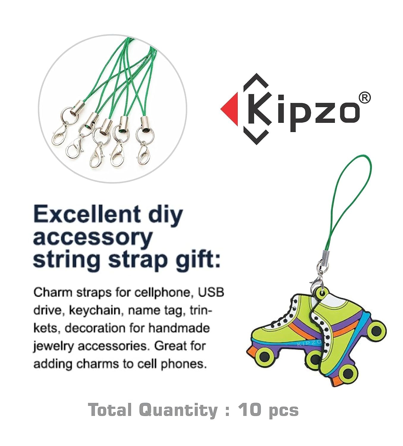 KIPZO® Durable Green Pack of 10 pcs Phone Strap Charm lobster clasp for cell phone Cover keyring Pendrive Badge Holders Charm DIY Jewellery straps thread Ring with Hook smart round case pouch - Image 6