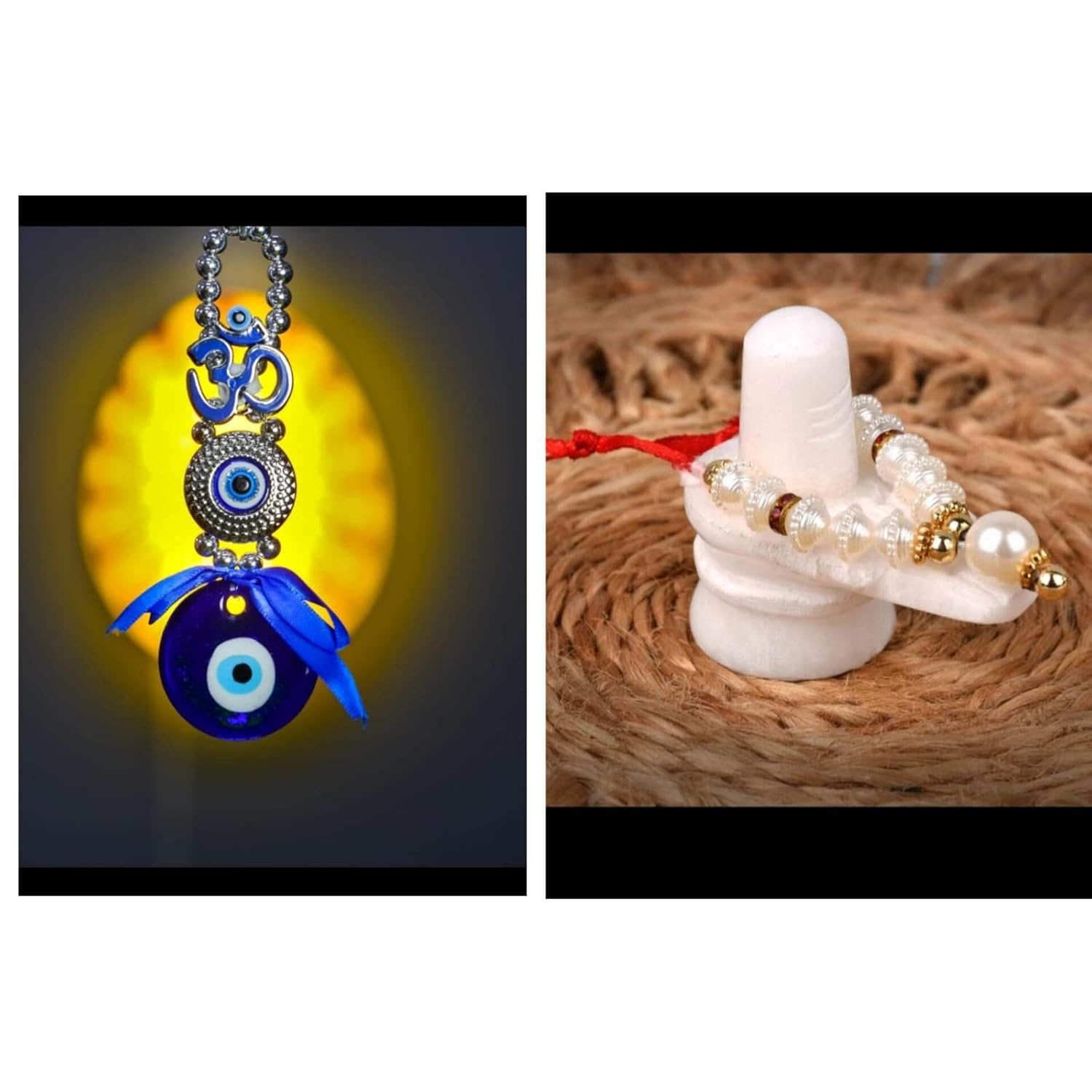 DT DECTONE Combo of White Shivling & Blue Evil Eye OM Design with Blue Pendant Decoration | Lucky OM Hanging Ornament Amulet for Car, Home and Office for Protection and Blessing - Image 2