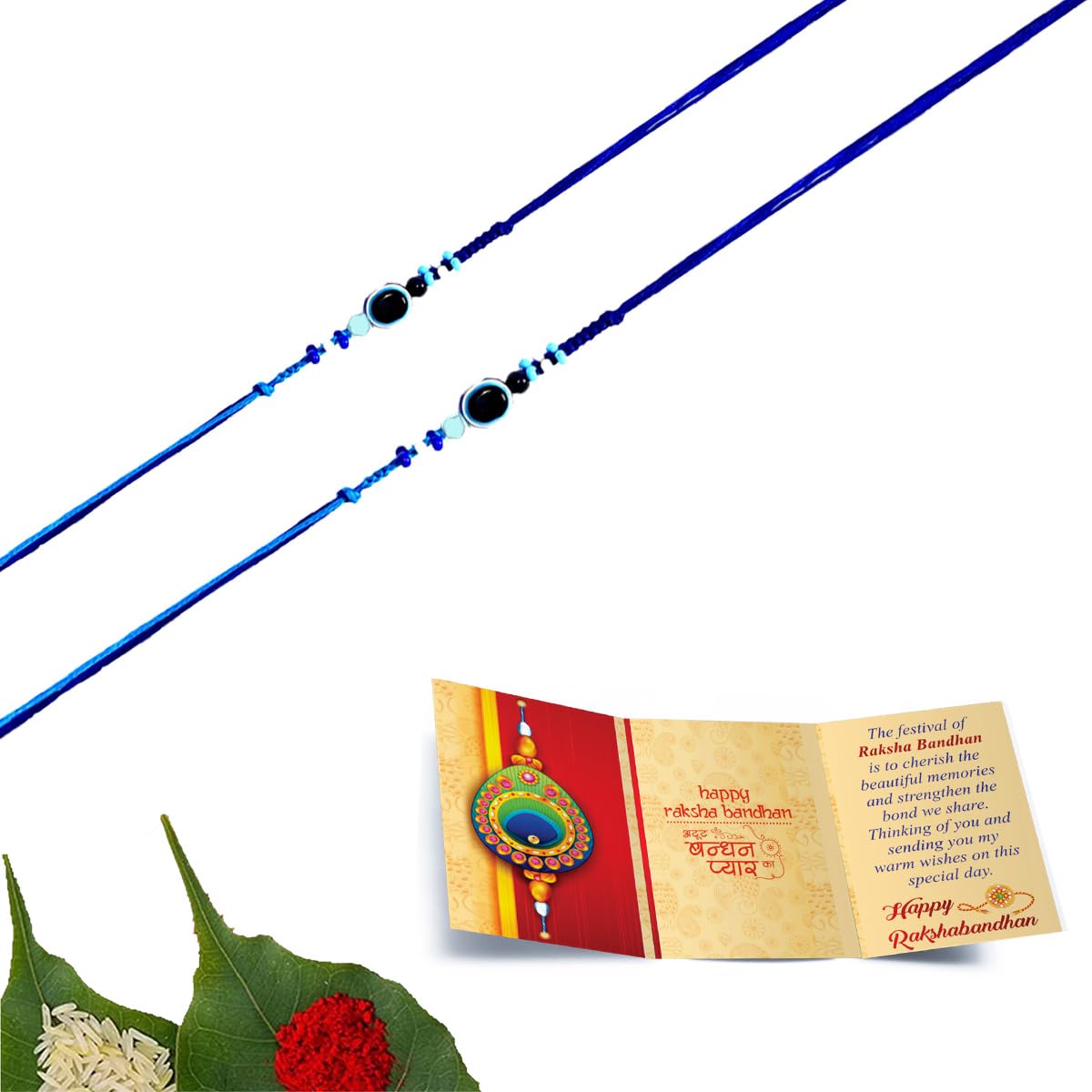 Evil Eye Rakhi Set of 2 with Greeting Card and Roli Chawal, Blue - Image 2