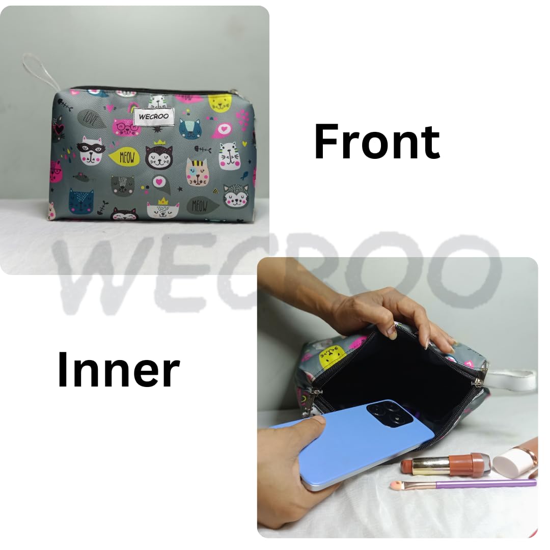 WECROO Cosmetic Bag for Women,with Spring Rubber Makeup Pouch Travel Water Resistant Accessories Organizer Small Pouch for Girls Women (Grey Kitty with 4pcs Spring Rubber) - Image 2