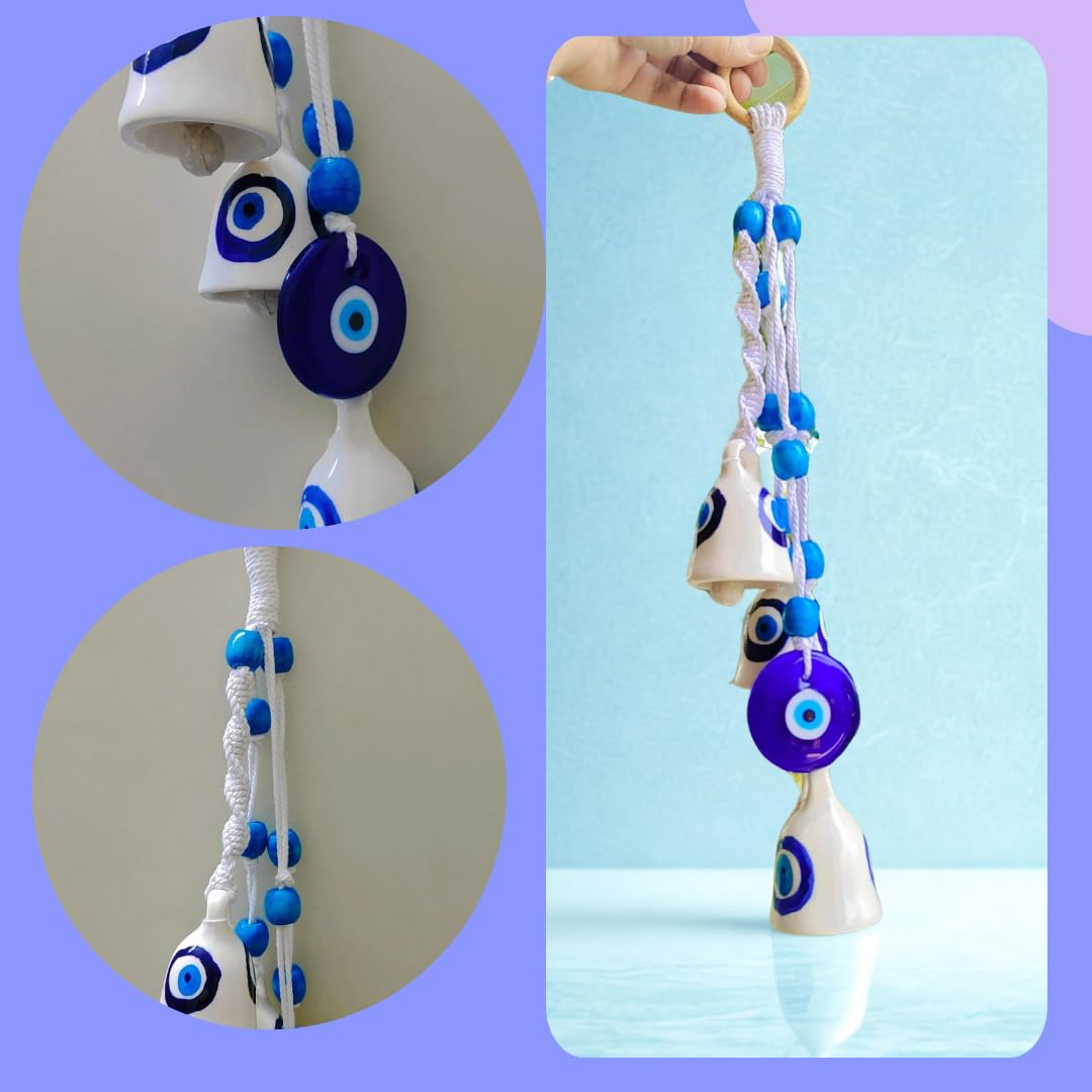 Shopping Shots Macrame Symphony Chimes | 3 Evil Eye (mini) Bells (Height 3 inches) & 1 Glass Made Evil Eye Pendant Hand Knitted with Macrame Threads and Colorful Beads. Ceramic Hook Included - Image 5