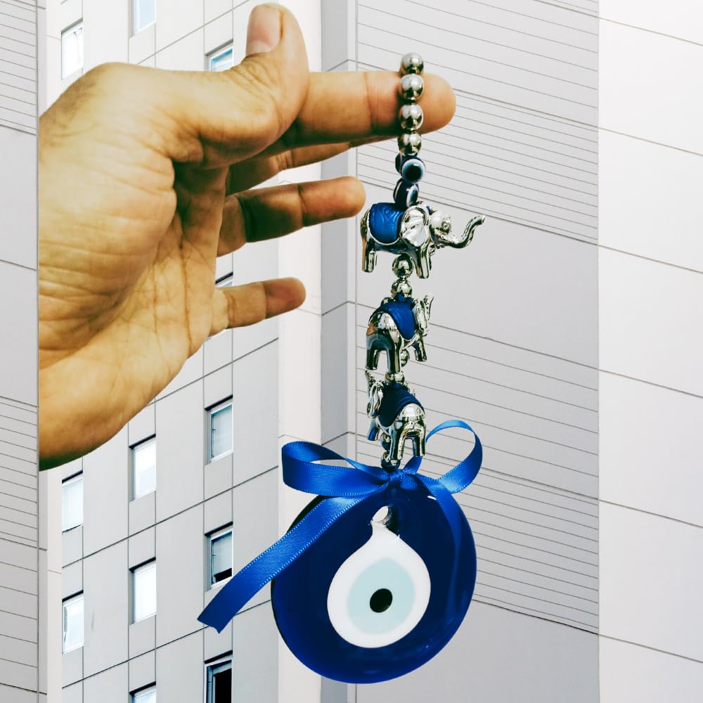 GIFTCLAP Evil Eye with 1 Blue Pendant and 3 Elephant Decoration | Lucky Hanging Ornament Amulet for Car, Home and Office for Protection and Blessing - Image 4