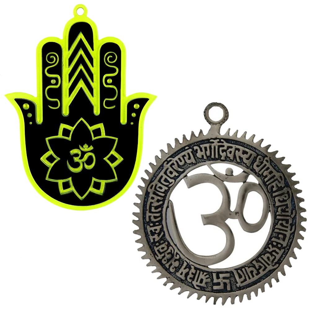 Divya Mantra Om Gayatri Mantra Metallic Hanging Hamsa Hand Nazar Battu Car Home Wall Decor Temple Pooja Items Decorative Showpiece Interior Accessories Vastu Sculpture Chakra Symbol -Multi -Set of 2 - Image 2