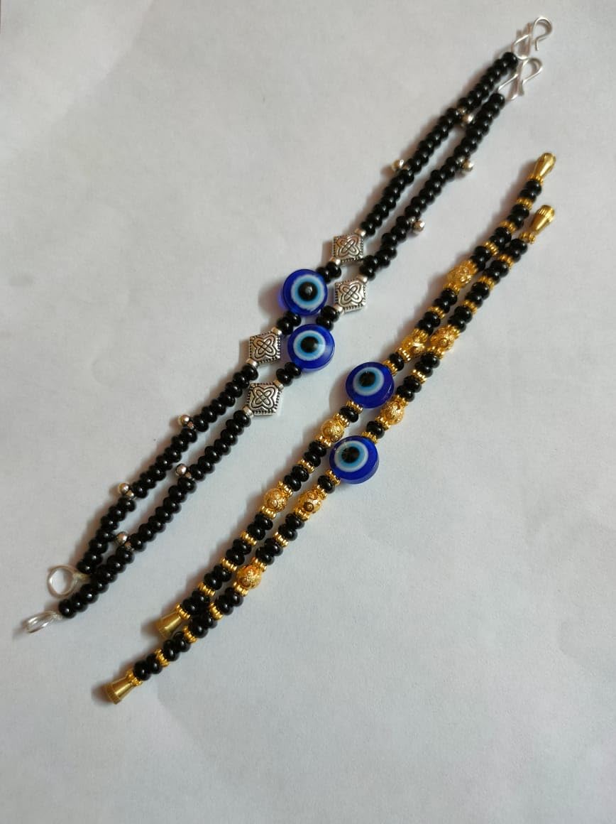 Evil Eye Baby Bracelet Set, Black Beads with Blue Nazariya, Gold and Silver Finish, Pack of 2 | 1 PAIR OF ANKLETS - Image 4
