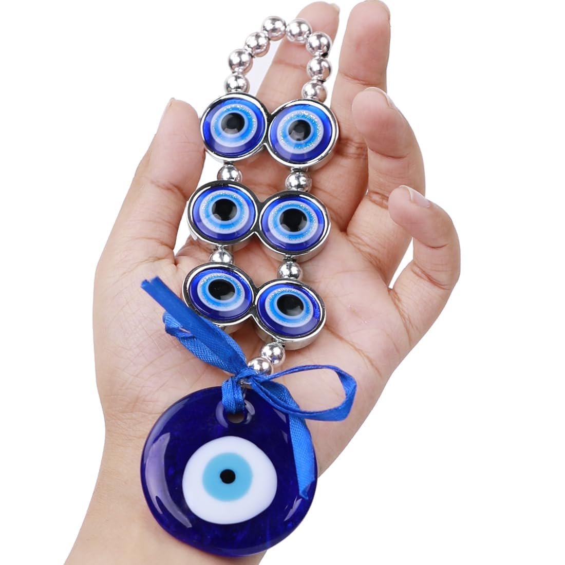 Turkish Evil Eye Wall Hanging, Blue Glass Beaded Amulet with Silver Chain and Bow, Home Protection Decor - Image 4