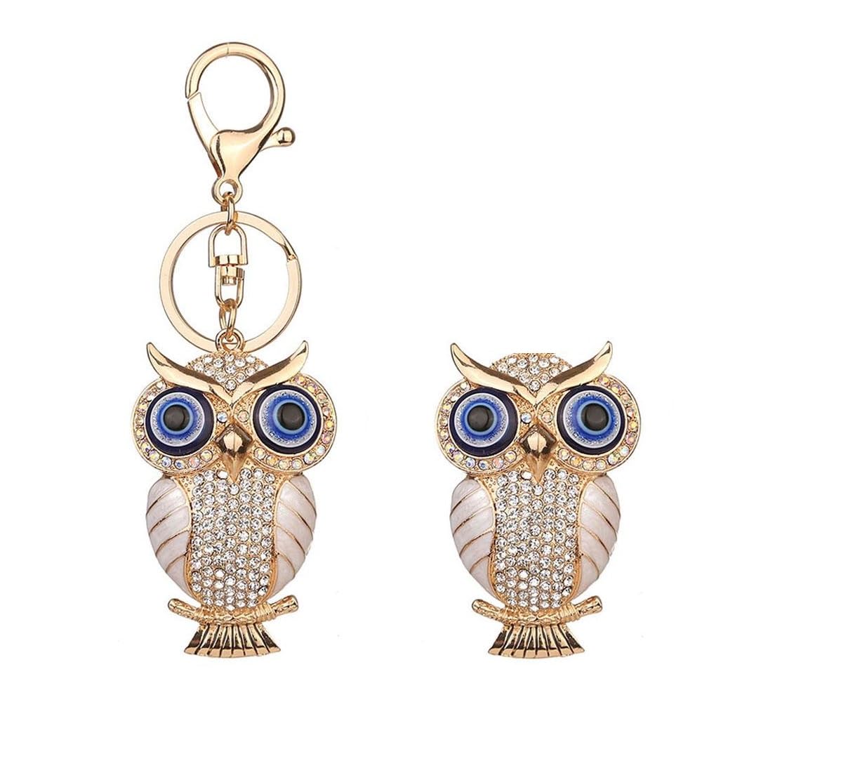 BLUE BEADS Combo Gold with Evil Eye Crystal Rhinestone Sparkling Owl Fridge Magnet and Keychain Handbag Charm For Women (White) - Image 2