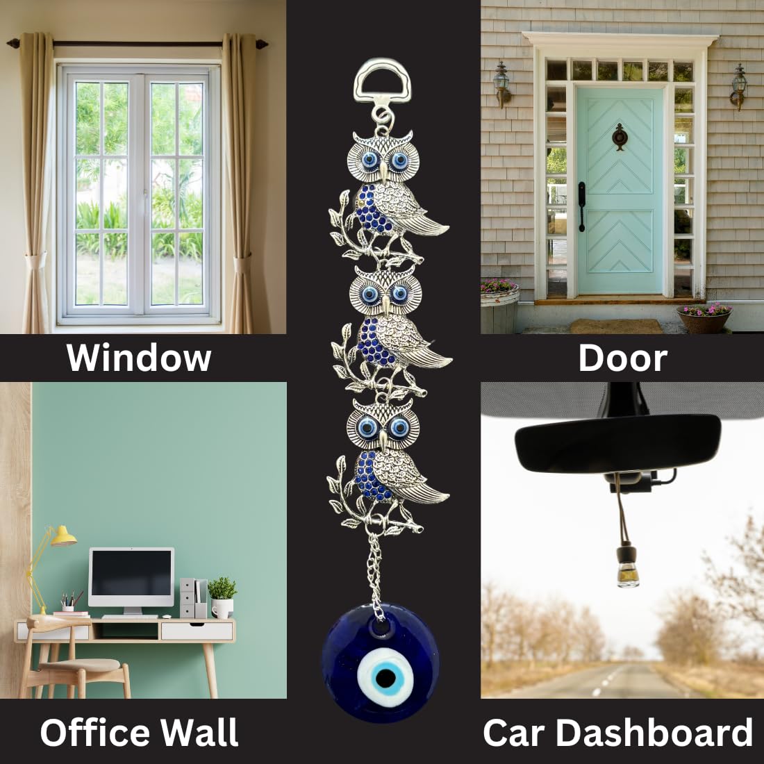 Dive Decor Feng Shui Lucky Three Owl Evil Eye Home Decor Wall Hanging for Good Luck Prosperity Zodiac Success Health Wealth Office and Car Hanging, Nazar Battu for Car - Image 3