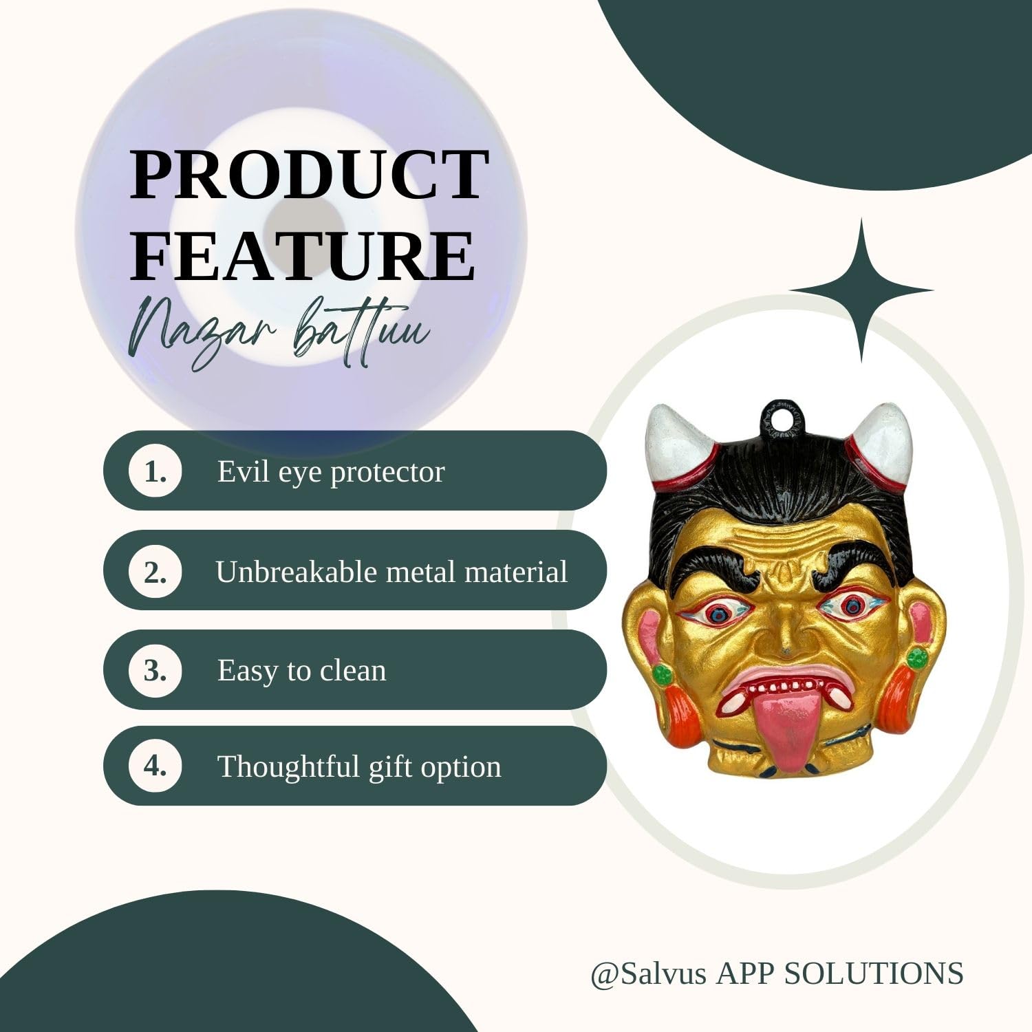 Salvus APP SOLUTIONS Metal Nazar Battu Wall Hanging Face Mask for Evil Eye Protection (Multicolour, Small) - Image 4