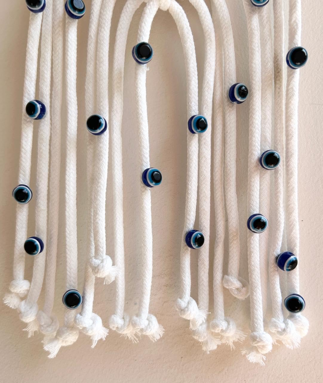 MONGA CREATIONS Turkish Evil Eye Macrame Wall Hanging, Handmade Woven Mystic Dream Catcher, White with Blue Beads, Home Decor Charm - Image 4