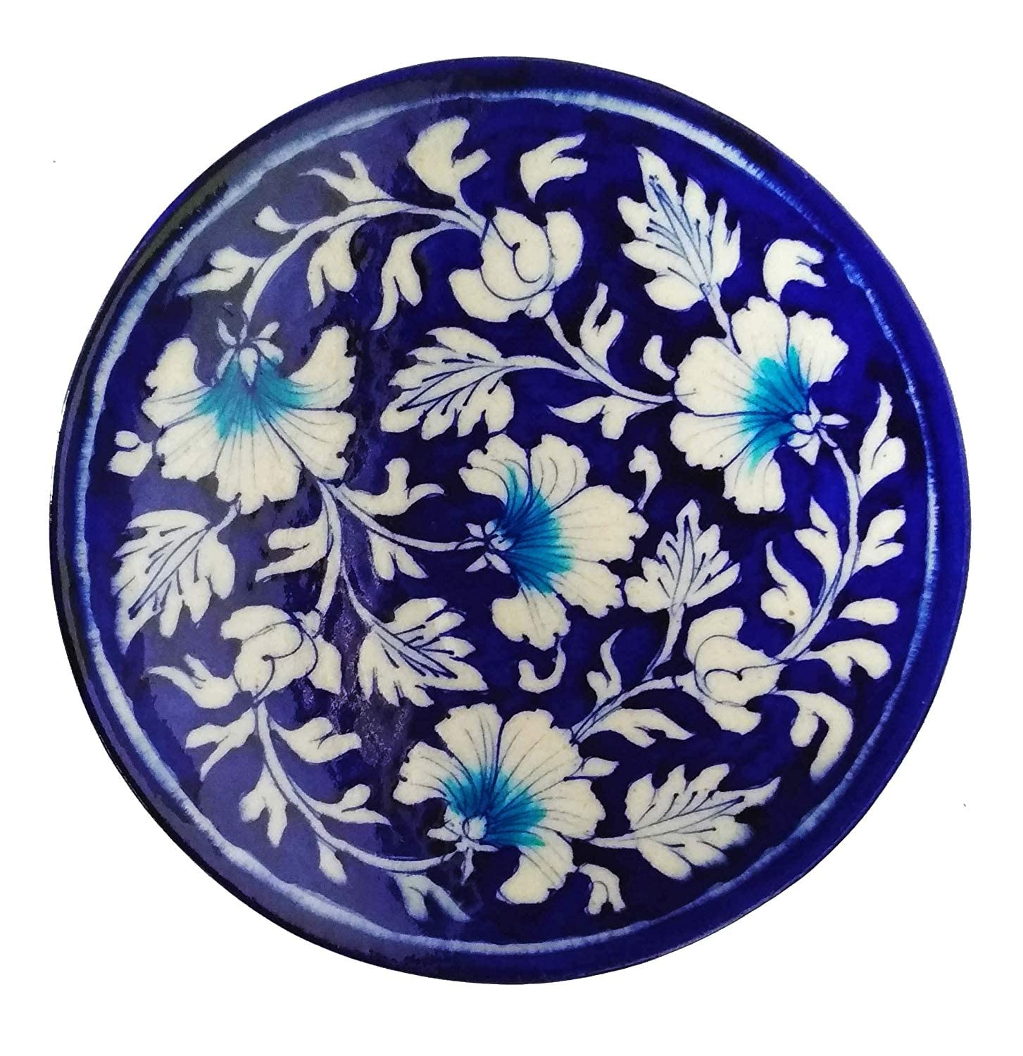 Potterywalaz Jaipur Blue Pottery LilyFlower Design Home Decor Wall Hanging Handmade Plate/Serving Plate 8 inch (Blue) - Image 2