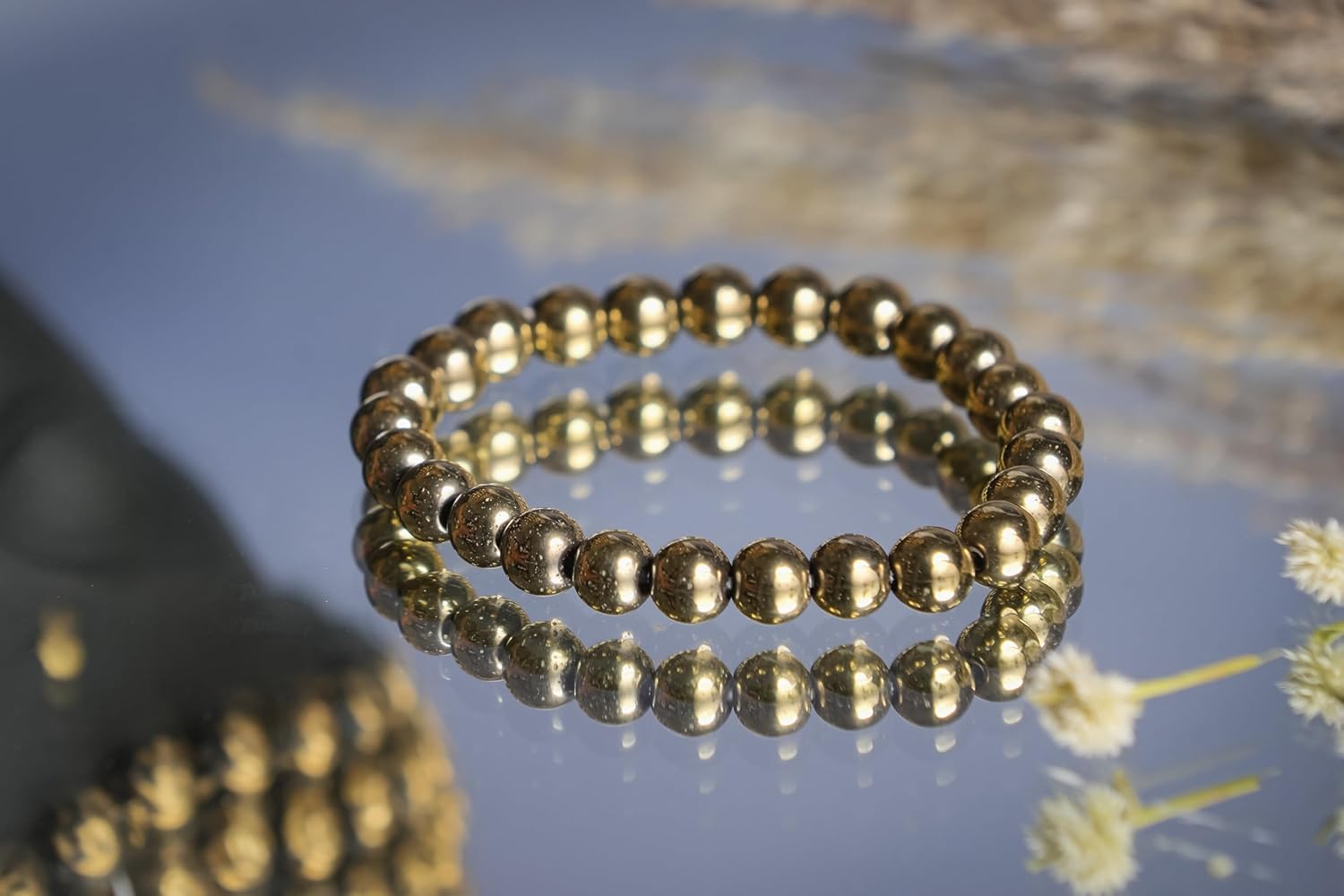 REBUY Pyrite Bracelet Money Magnet Bracelet Natural Gemstone Chakra Bracelet Reiki Healing Jewelry for Men & Women, Bead Size 8 mm, Color Golden, Lab Certified - Image 3