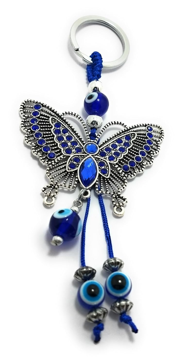 Beautiful Butterfly Evil Eye Good Luck Crystal Metal Keychain for Home Office Car Bike (Blue and Silver) - Image 2
