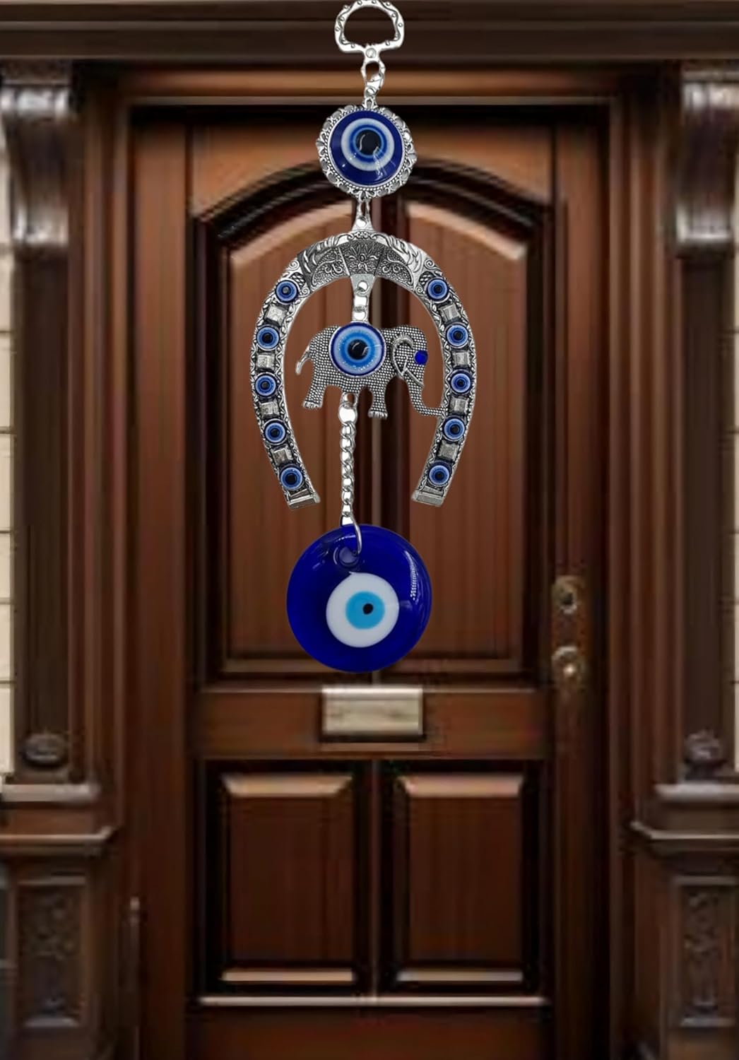 DT DECTONE Stainless Steel Evil Eye Hanging for Home Main Door Entrance, House Door Decoration, Horseshoe with Elephant Nazar Battu for Home Protection, Prosperity at Office and Home, Blue - Image 7