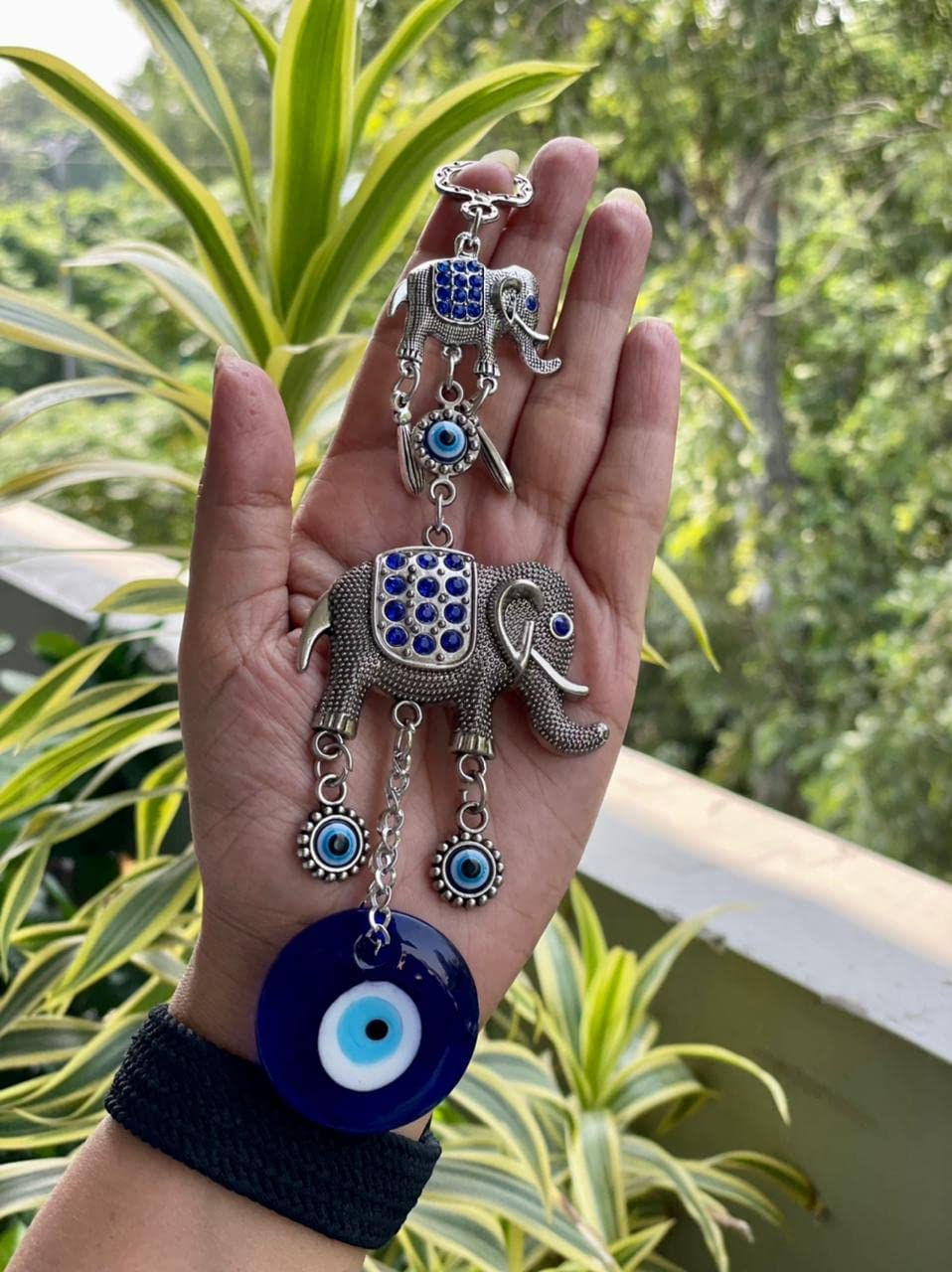 BLUE BEADS Home & Decor Evil Eye Hanging with Double Elephant Pendant Decoration Hanging Ornament Amulet for Car, Home and Office - Image 2