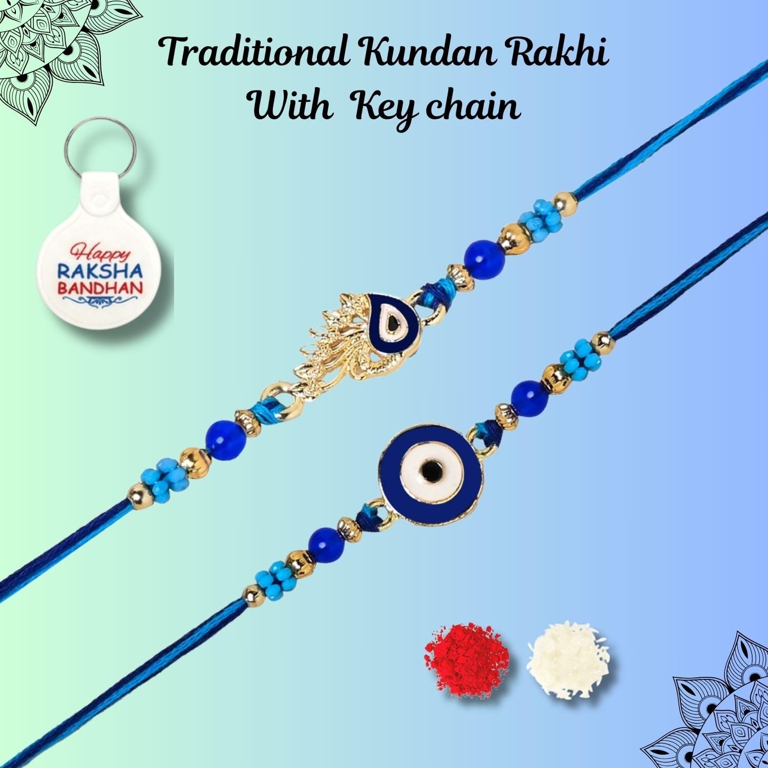 Riddhika Ventures Evil Eye Rakhi Protect From Negative Energy and ill intentions (Set of 2) with Roli Chawal, Greeting Card and and One Motivational Keychain (K18K19K) - Image 3