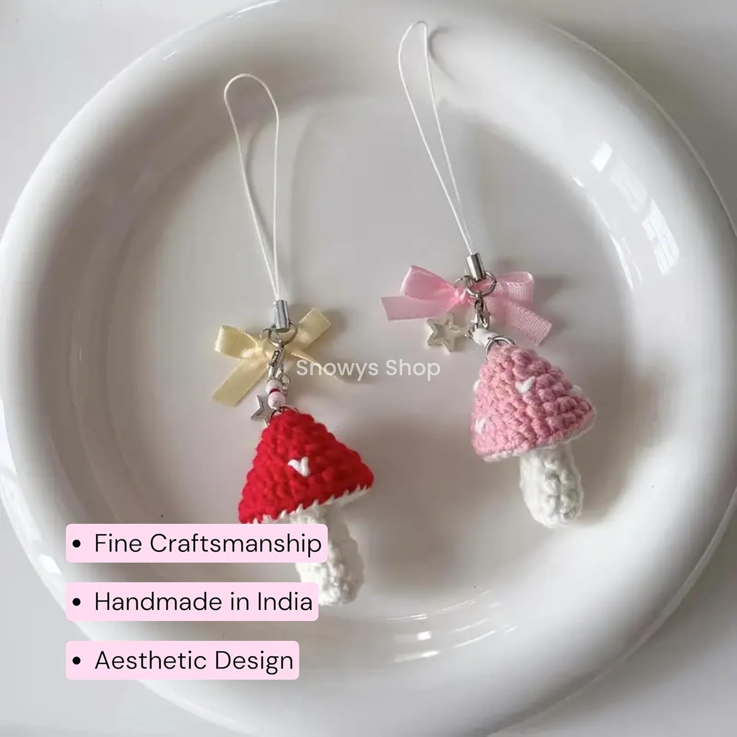 SNOWYS SHOP 2-Piece Cute Pink & Red Crochet Mushroom Phone Charm for Girls – Hanging Bag & Mobile Chain Accessory for Women & Teens - Image 5