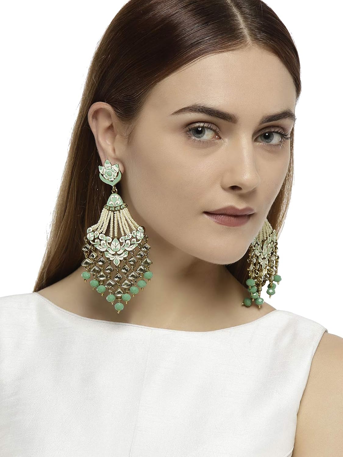 ZAVERI PEARLS Green Golden Non Precious Metal Dangler Earrings for Women (ZPFK9033) - Image 3