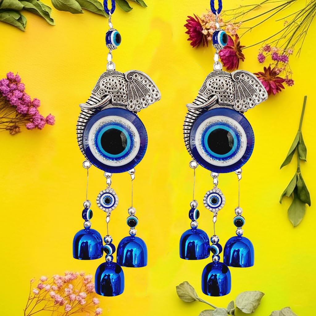 Snabs Evil Eye Car Mirror Hanging Accessories, Ganesha Evil Eye Wall Hanging Ornament, Elephant Nazar Battu Protection, Good Luck Charm and Prosperity, Set of 2 - Image 2