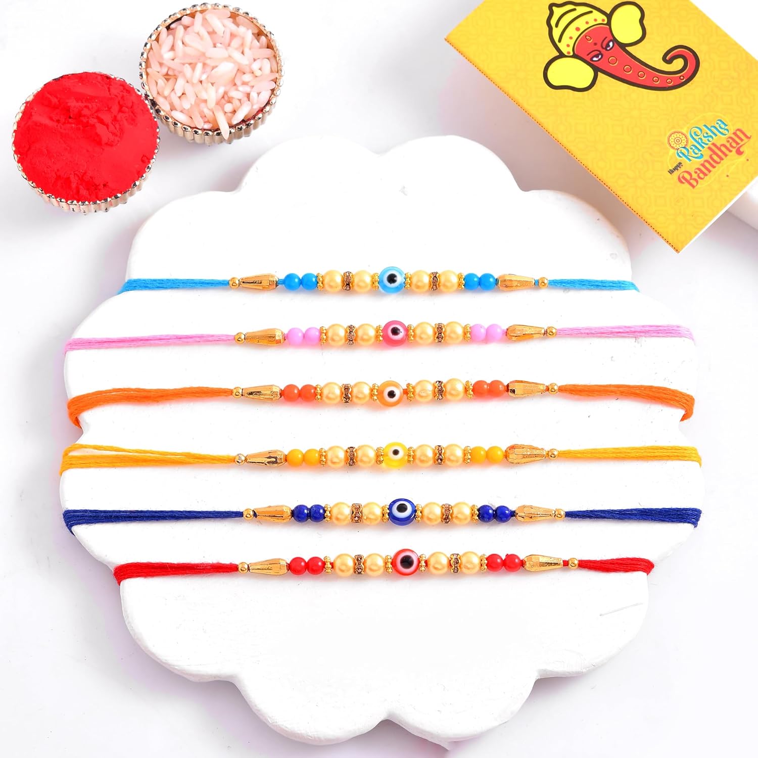 CraftVatika Design Evil Eye Rakhi Set of 6 for Brother, Rakhi Set for Bhaiya, Boy, Men, Girls, Sisters, Kids Rakhis for Rakshabandhan With Gift for Home Decor - Image 8