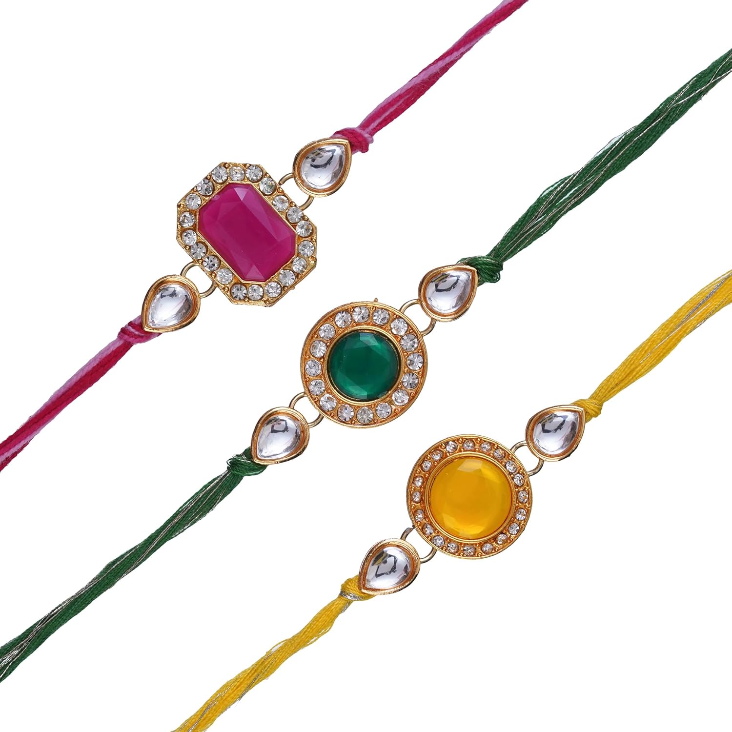 eCraftIndia Set of 3 Pink, Green, and Yellow Kundan Diamond Designer Rakhis for Brother, Bhabhi, Kids with BEST BRO EVER Keychain and Roli Chawal Pack - Image 8