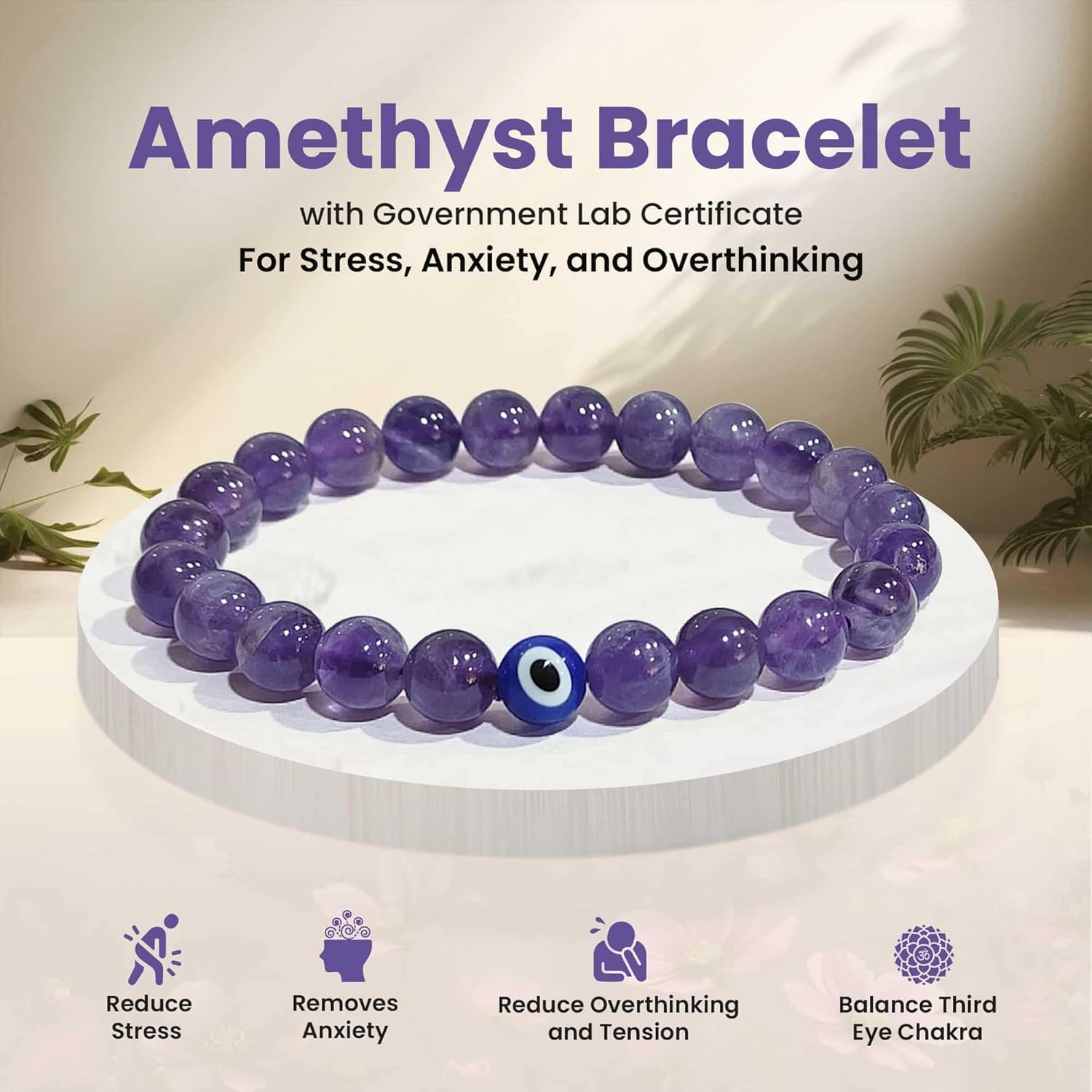 SOLAVA Original Amethyst Bracelet for Woman and Man with Evil Eye and Lab Certificate - Natural Energised Purple beads Bracelet, Evil Eye Bracelet for Protection, Healing and Mental Peace - 8MM Beads - Image 3