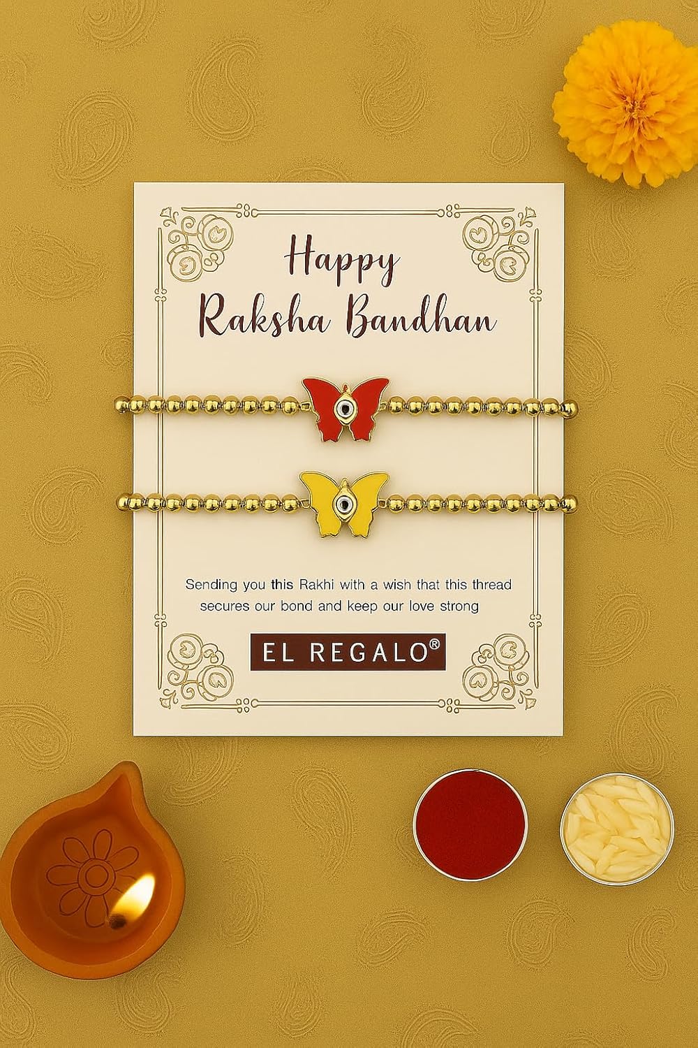 El Regalo 2PCs Evil Eye Rakhi Combo for Brother – Stylish Beaded & Thread Set with Roli Chawal – Raksha Bandhan Pack for Bhaiya, Boys, Girls, Men – Comes on Designer Rakhi Card - Image 4