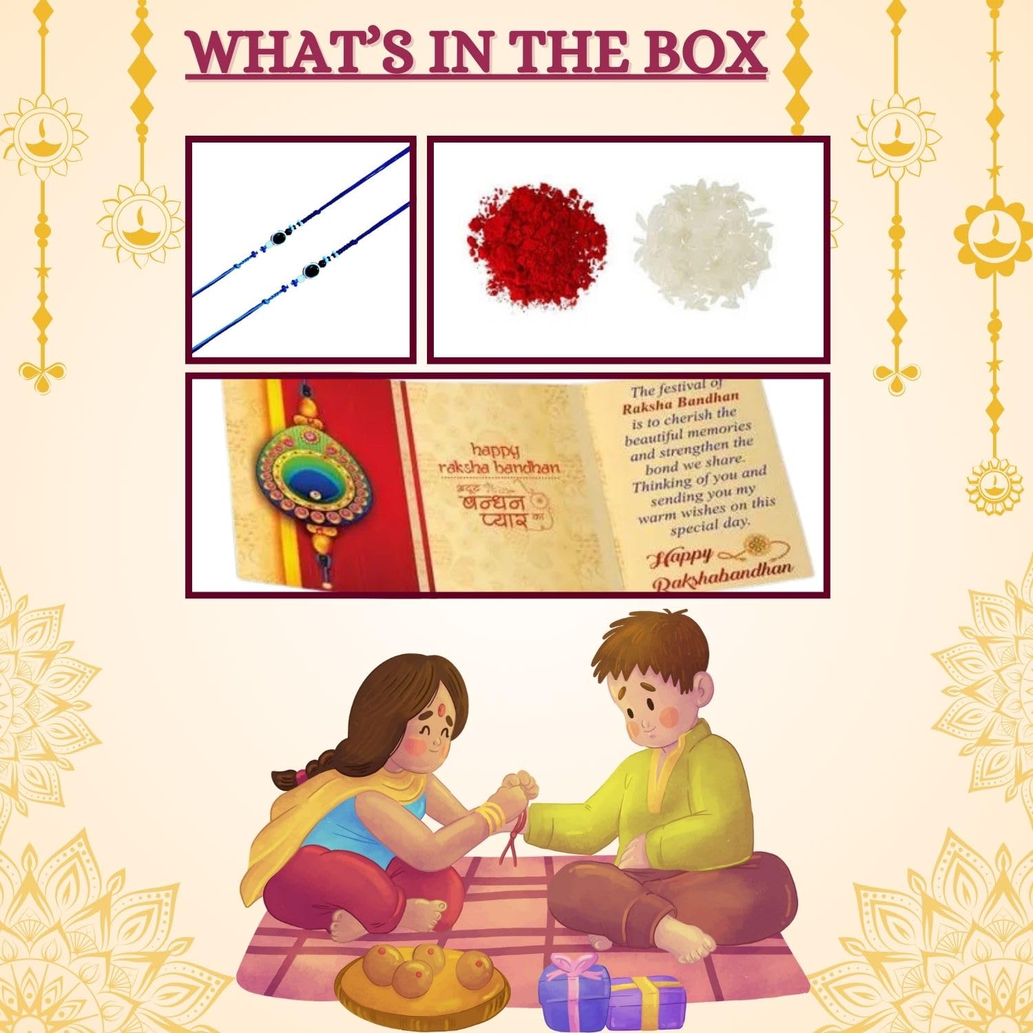Evil Eye Rakhi Set of 2 with Greeting Card and Roli Chawal, Blue - Image 4