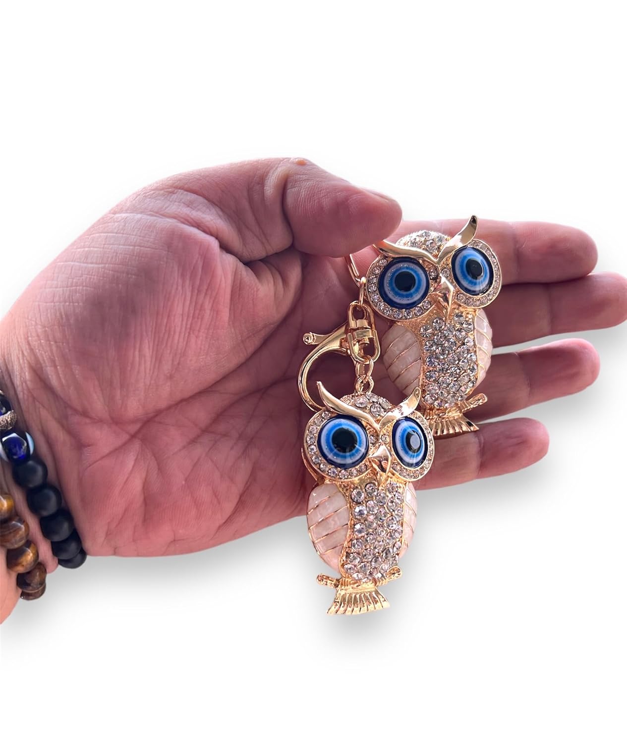 BLUE BEADS Combo Gold with Evil Eye Crystal Rhinestone Sparkling Owl Fridge Magnet and Keychain Handbag Charm For Women (White) - Image 10