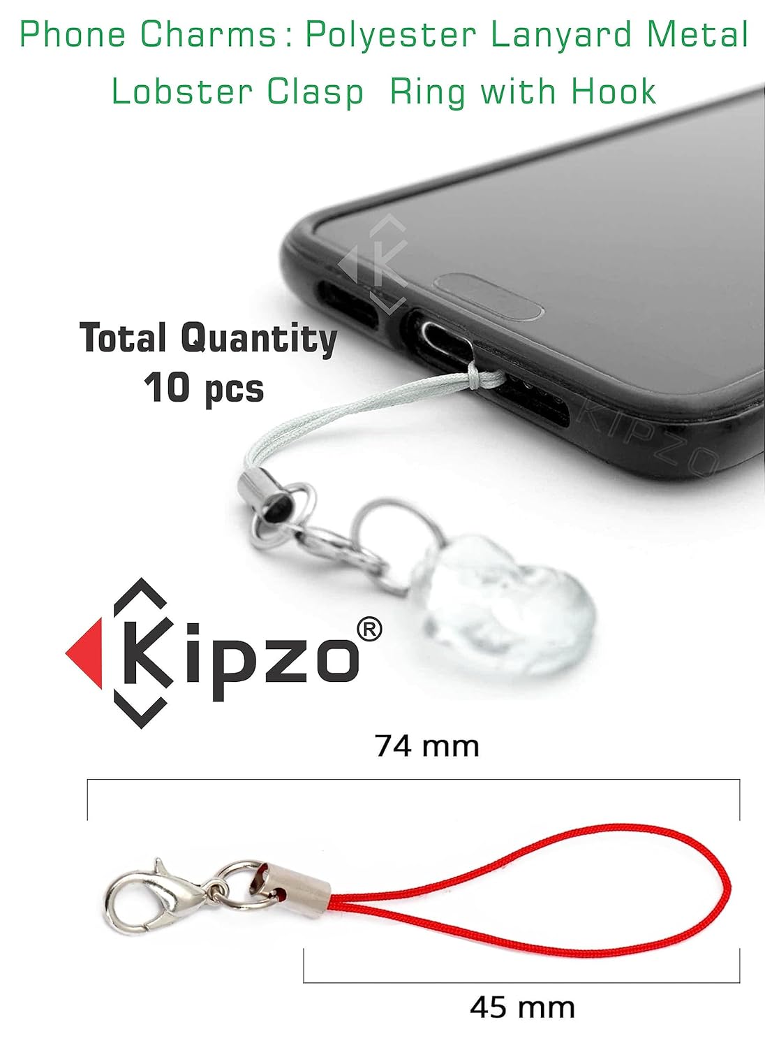 KIPZO® Red Pack of 10 pcs Phone Strap Charm lobster clasp for cell phone Cover keyring Pendrive Badge Holders Charm DIY Jewellery straps thread Ring with Hook smart round zip carry case pouch - Image 4