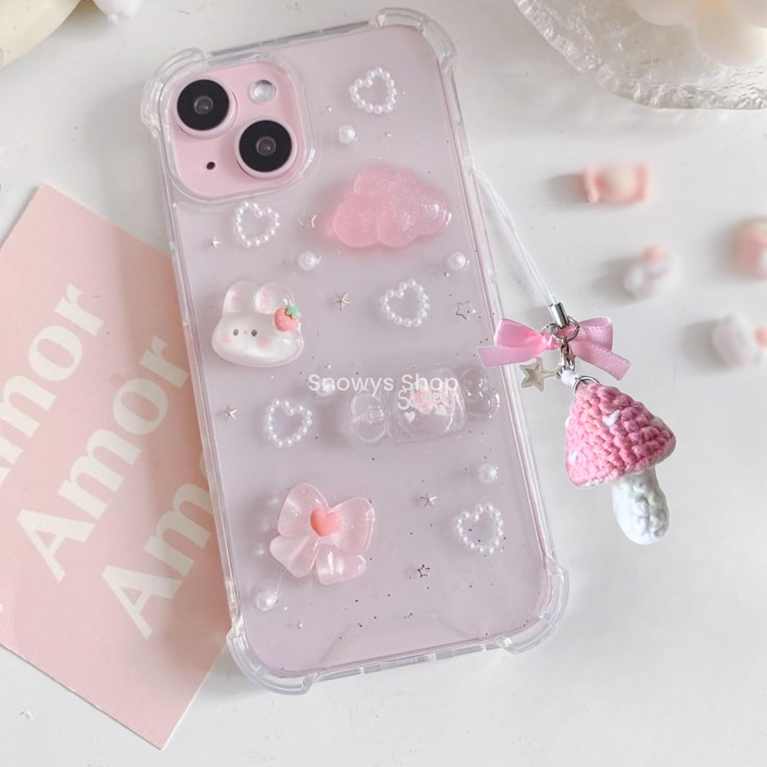 SNOWYS SHOP 2-Piece Cute Pink & Red Crochet Mushroom Phone Charm for Girls – Hanging Bag & Mobile Chain Accessory for Women & Teens - Image 3