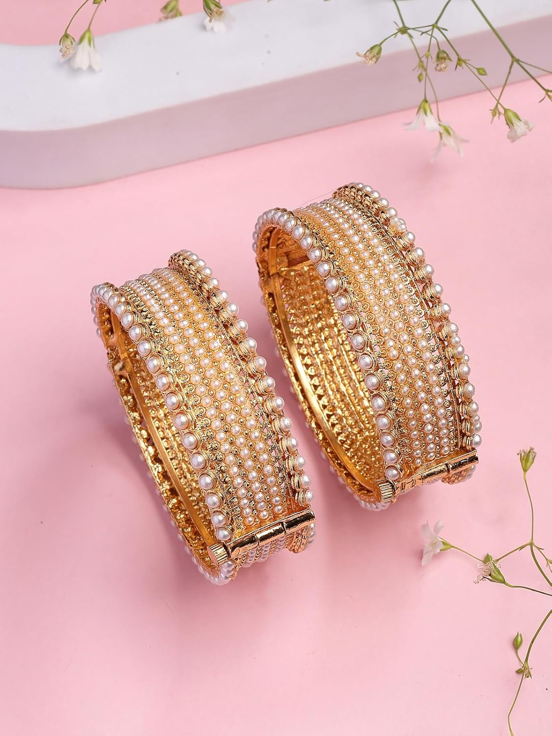 Sukkhi Trendy Rajwadi Style Gold Plated with Pearls Studded Broad Kada Bangle Jewellery for Women & Girls|Set of 2|B107298 - Image 4