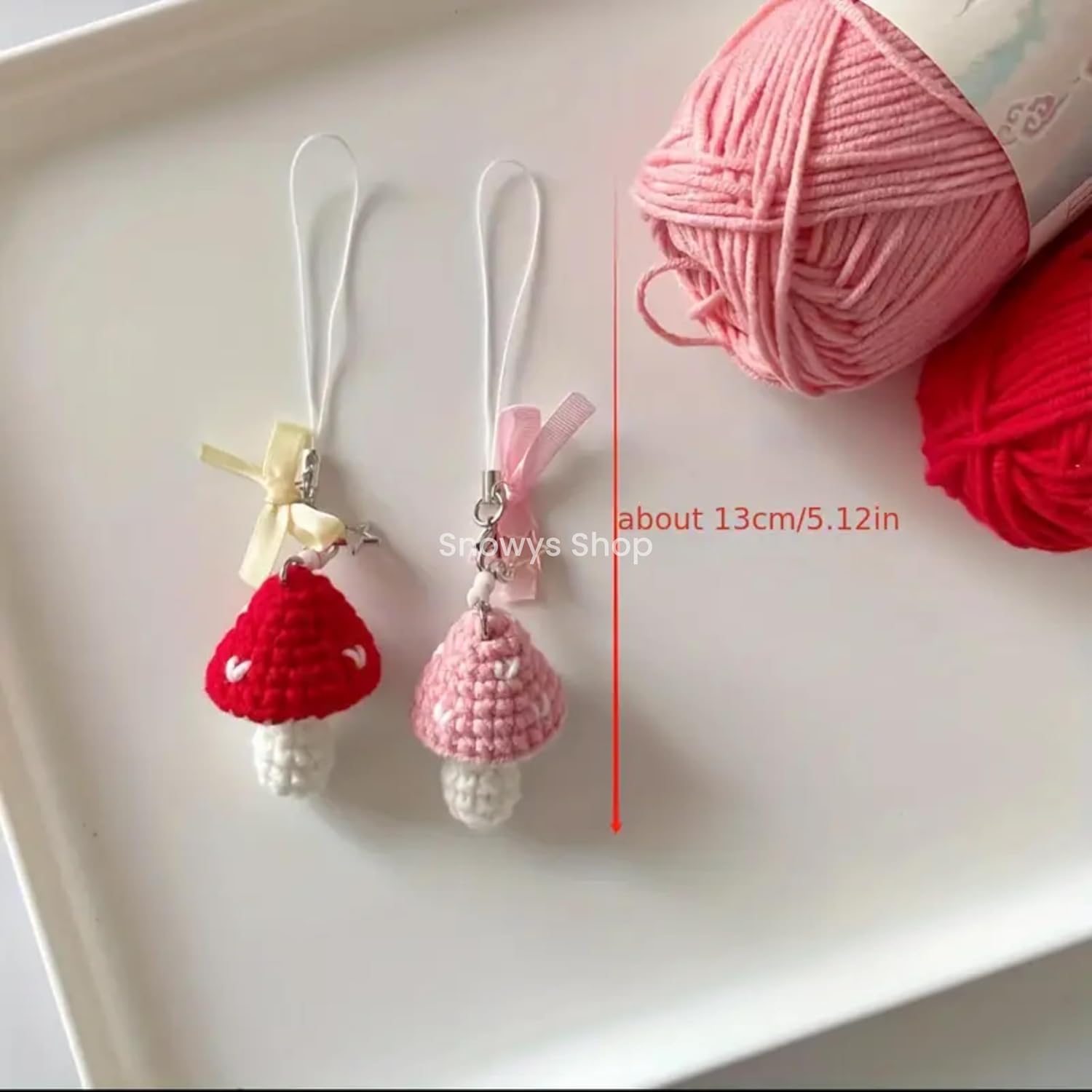 SNOWYS SHOP 2-Piece Cute Pink & Red Crochet Mushroom Phone Charm for Girls – Hanging Bag & Mobile Chain Accessory for Women & Teens - Image 7