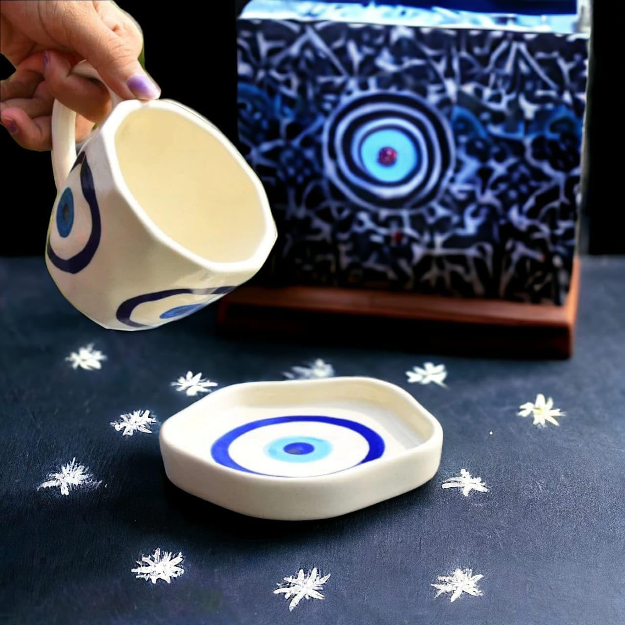 THE INDIAN HOME Ceramic Evil Eye Print Tea/Coffee Mug | Tea/Coffee Heart Cup and Saucer Set | Microwave Safe | Gift Valentine Day Birthday - Image 2